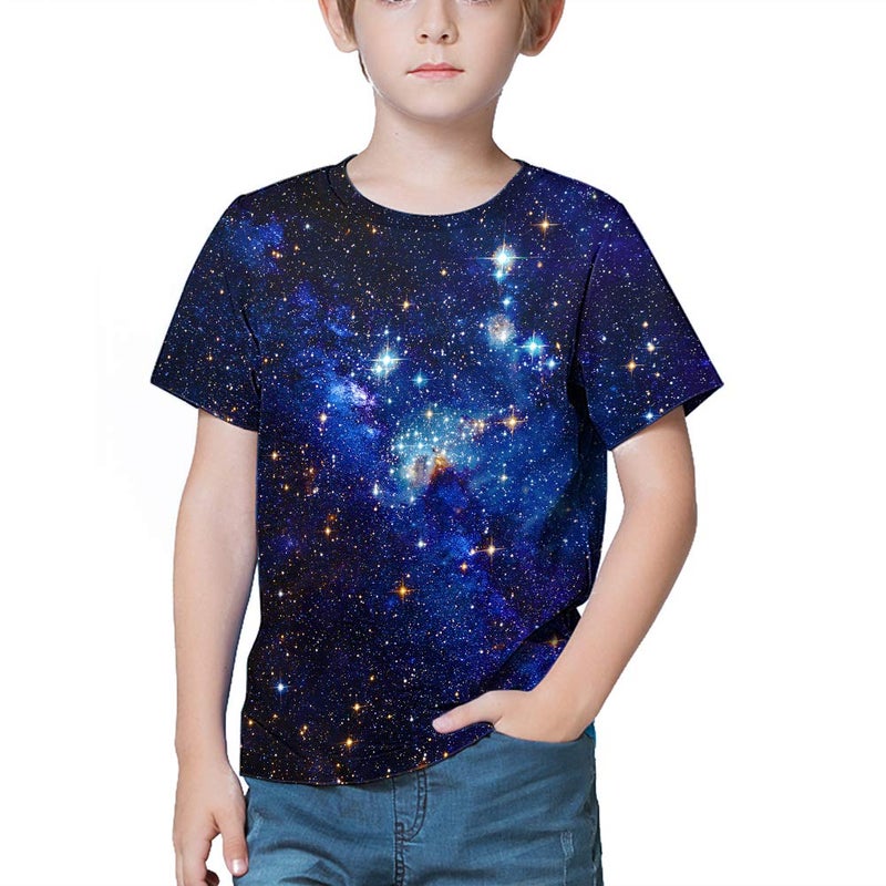 LAIDIPAS Kids T-Shirt for Boys Girls Galaxy Space Tops Tees Short Sleeve Blue Graphic Casual Shirts Clothes 6-8 Years - Image 2